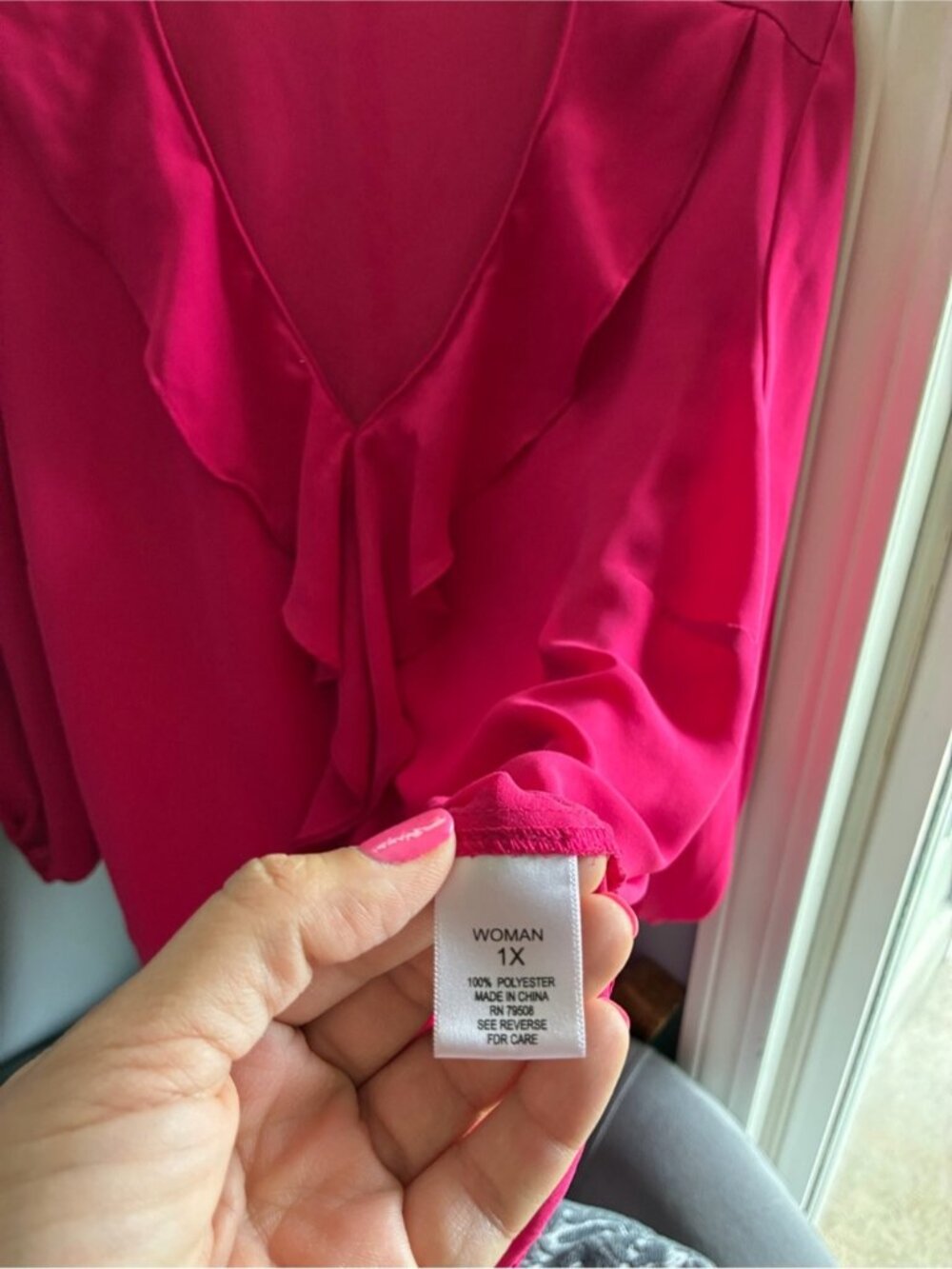 Fuchsia Ruffle V-Neck Women's Blouse - Picture 2 of 3